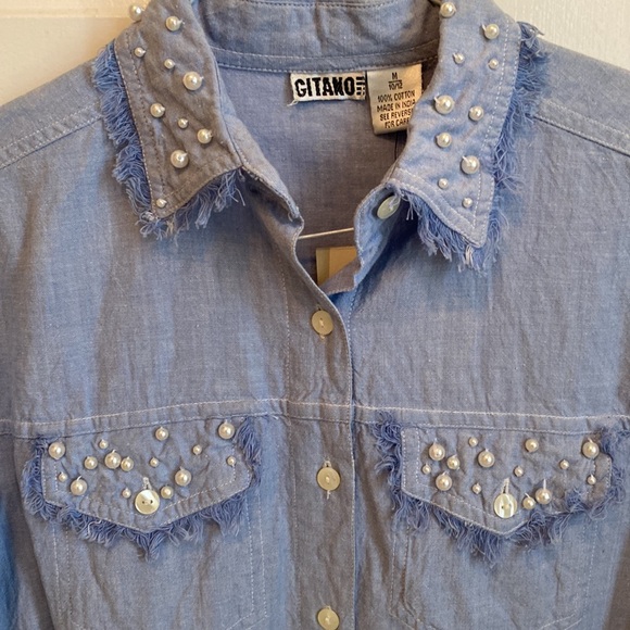 NWT Denim Button Down Shirt Detailed with Pearls - Picture 5 of 5
